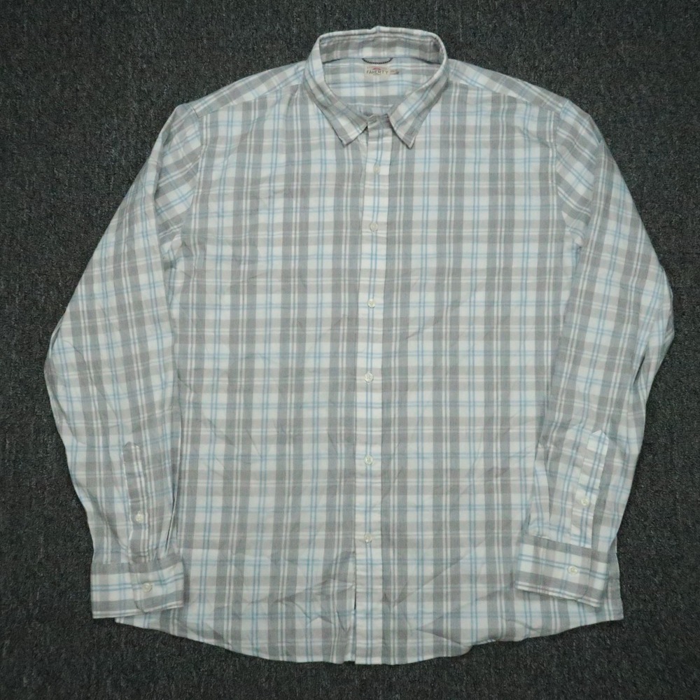 Faherty Shirt Mens XXL Gray Blue Plaid Movement Button Down‎ Stretch Casual 2XL